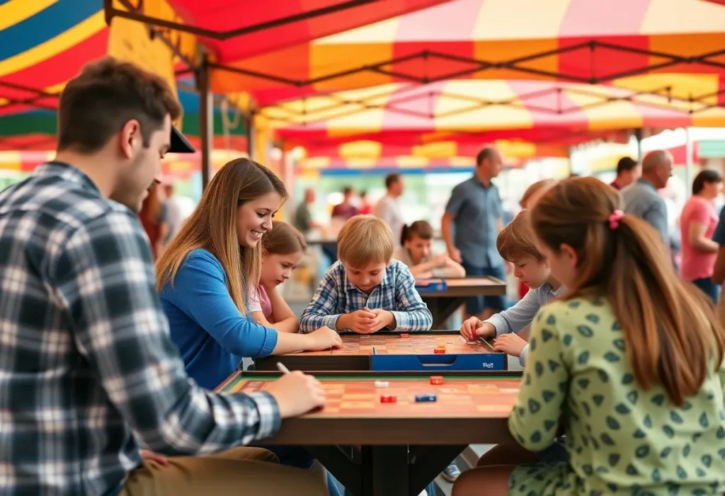 Families enjoying board games at the BurgQuest Festival in Williamsburg