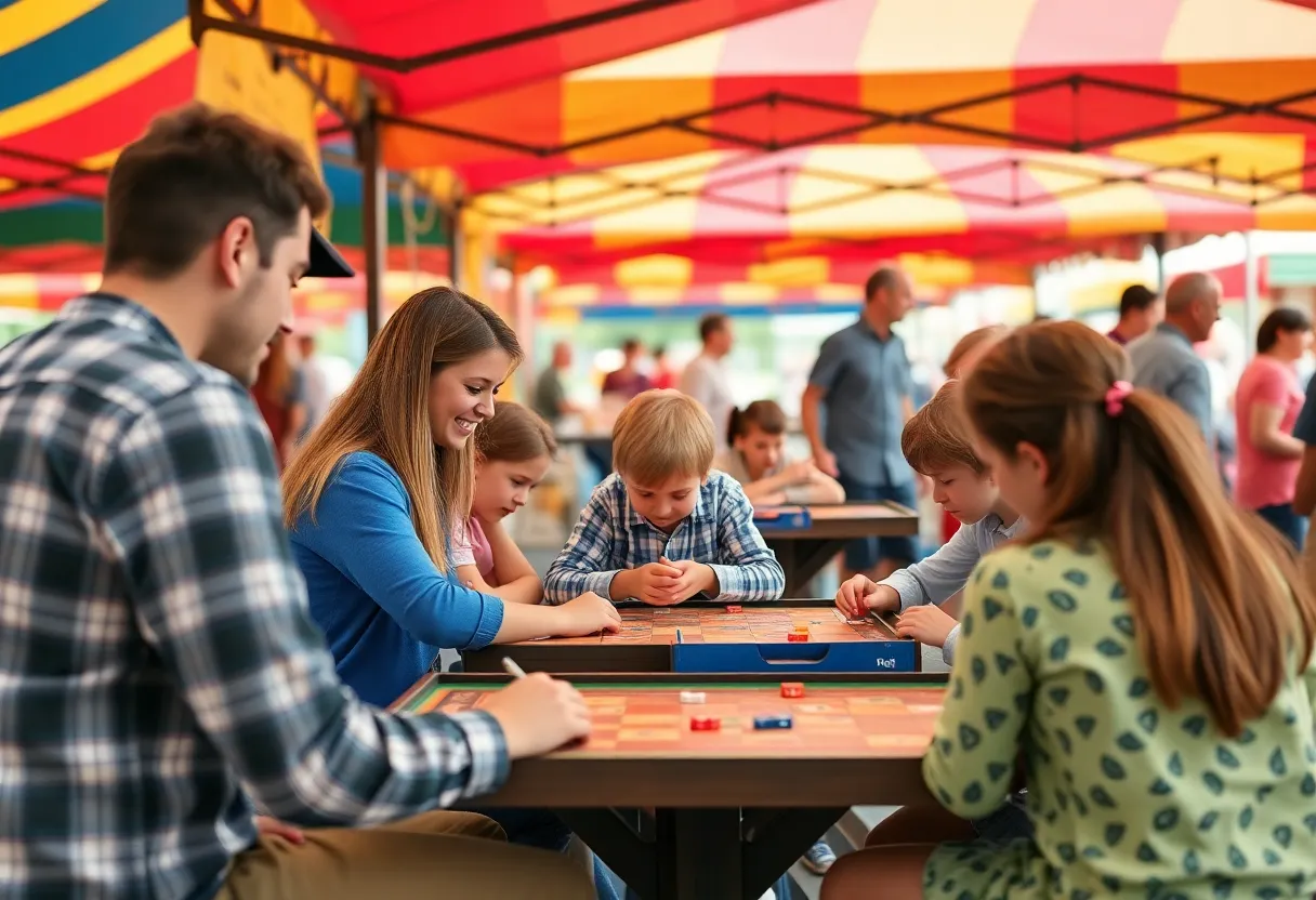Families enjoying board games at the BurgQuest Festival in Williamsburg