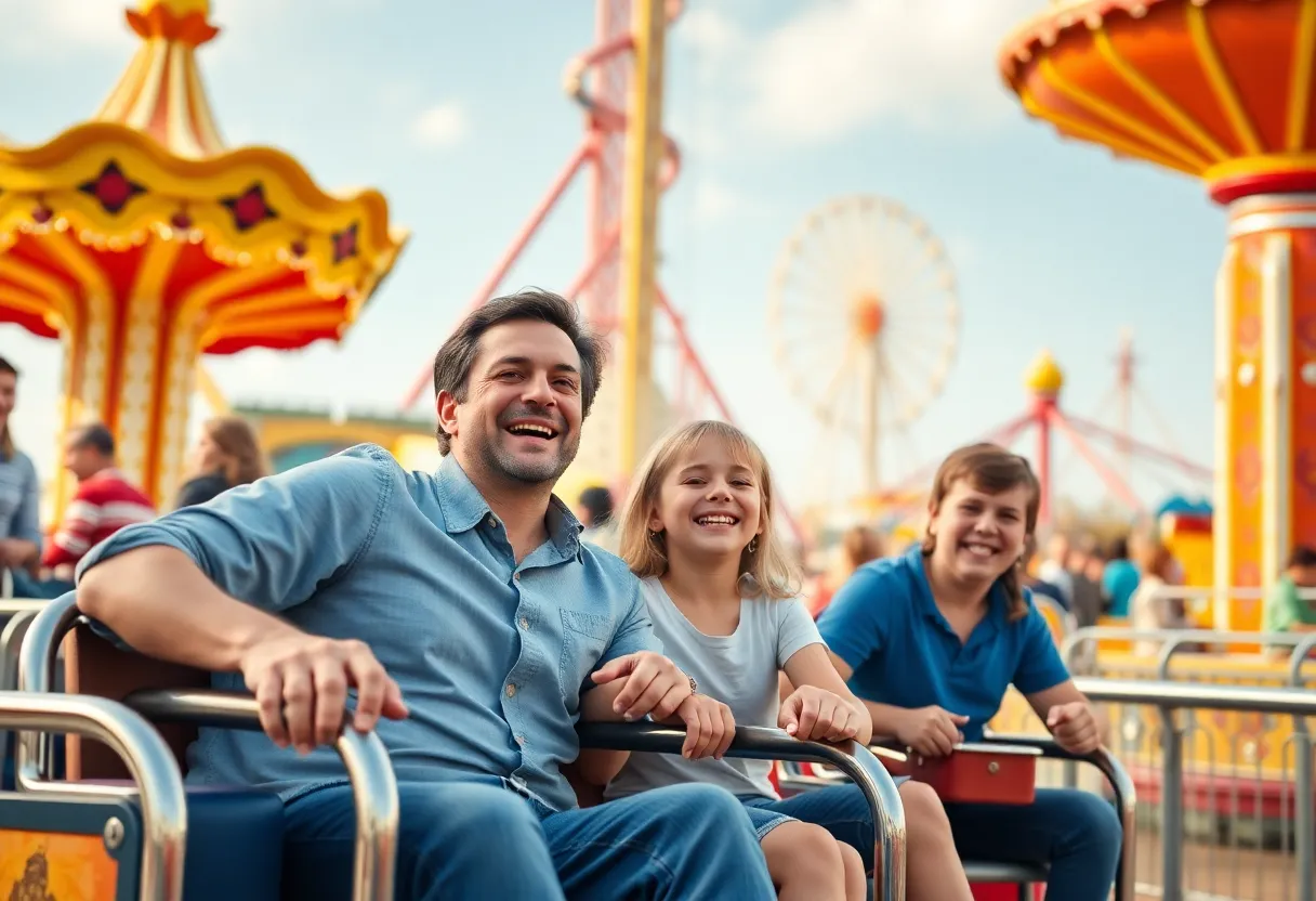 Families enjoying rides at Busch Gardens theme park.