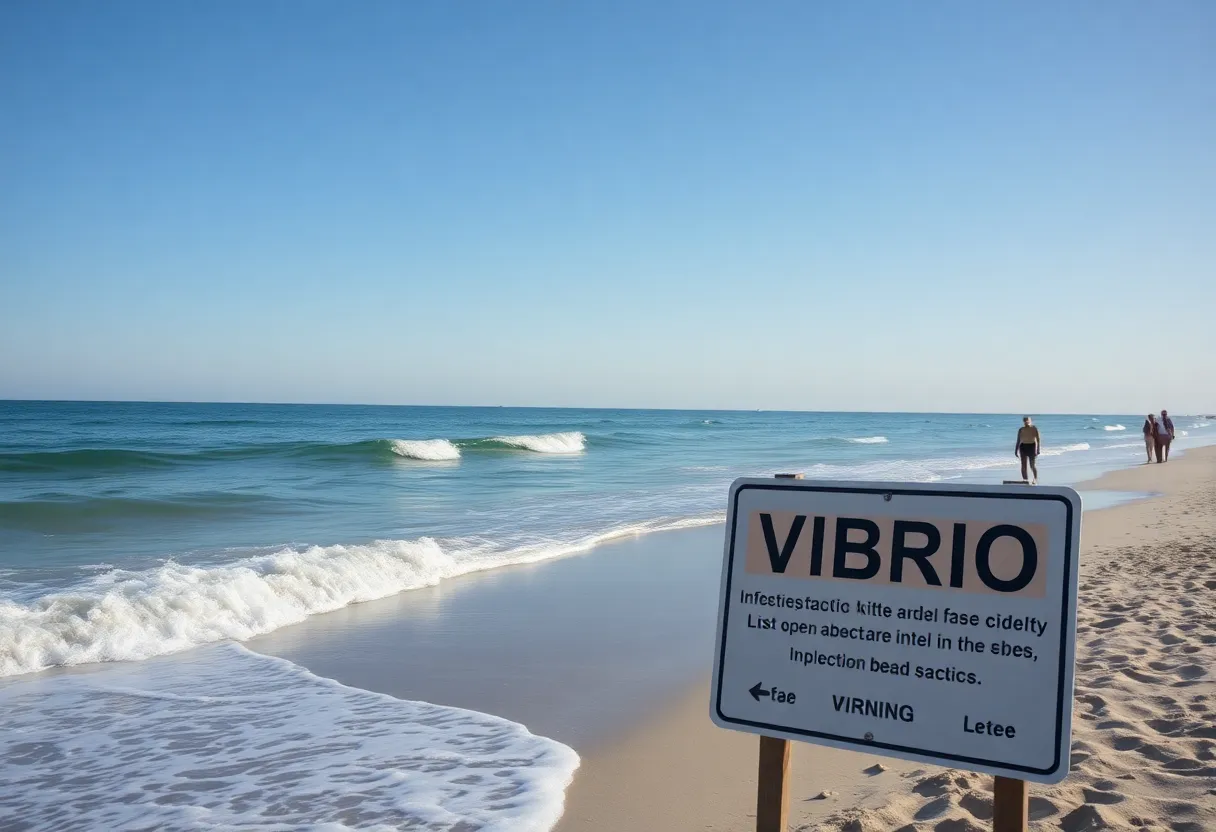Warning sign about Vibrio bacteria on a beach