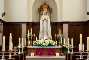 Interior of the Williamsburg Shrine with a statue of Our Lady of Walsingham.