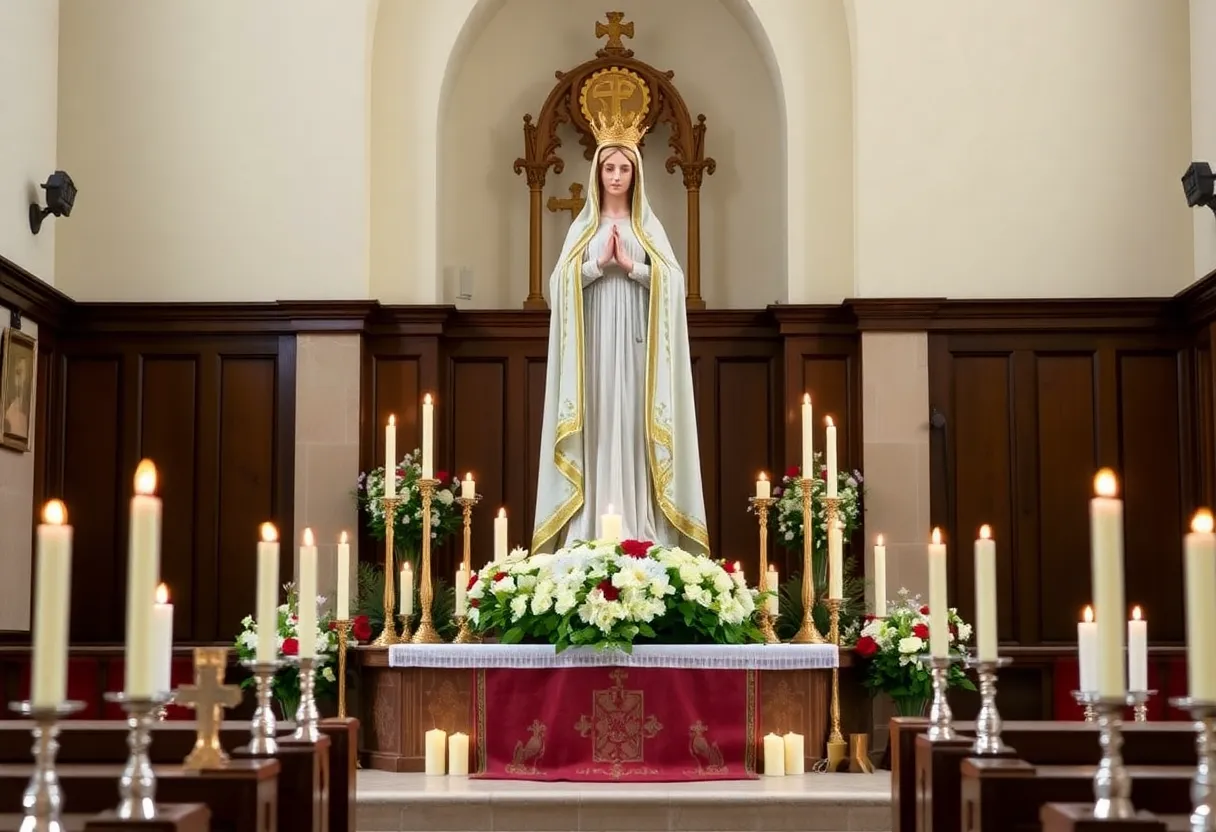 Interior of the Williamsburg Shrine with a statue of Our Lady of Walsingham.