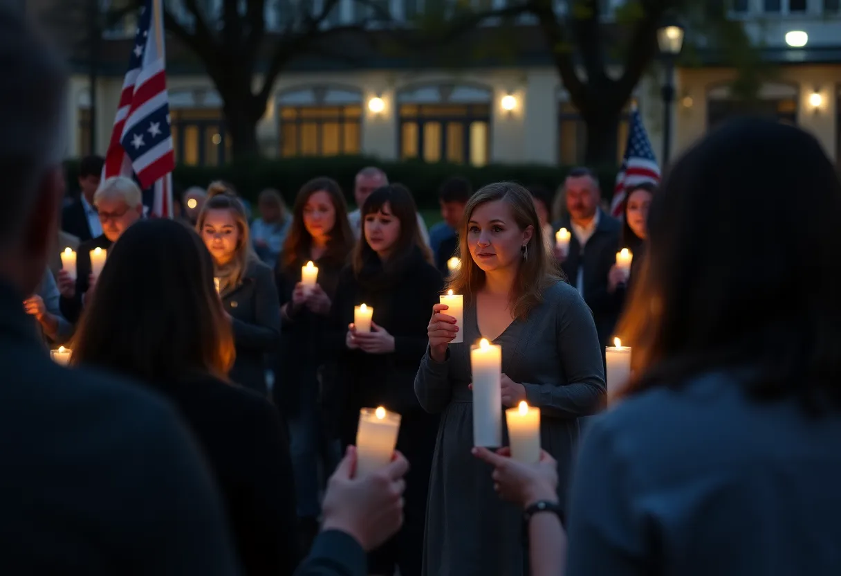 Attendees at the vigil for Charlie Kirk holding candles and flags.