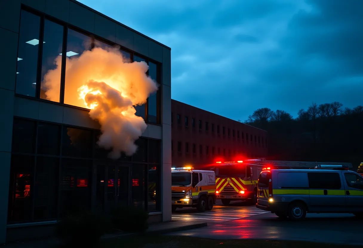 Emergency services responding to a fire at a data center in Chesterfield County