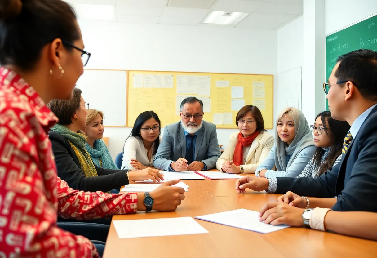 Group of educators and officials in a meeting discussing school agreements.
