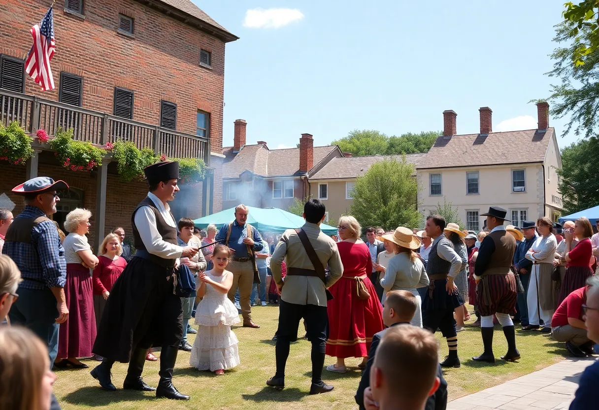 Interactive theater performance at Colonial Williamsburg depicting historical events.