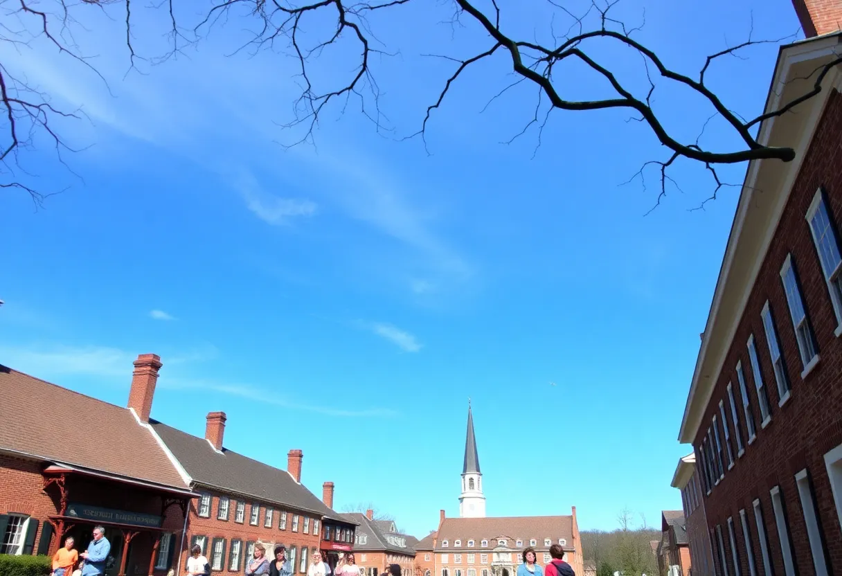 Family visiting Colonial Williamsburg with historical architecture.