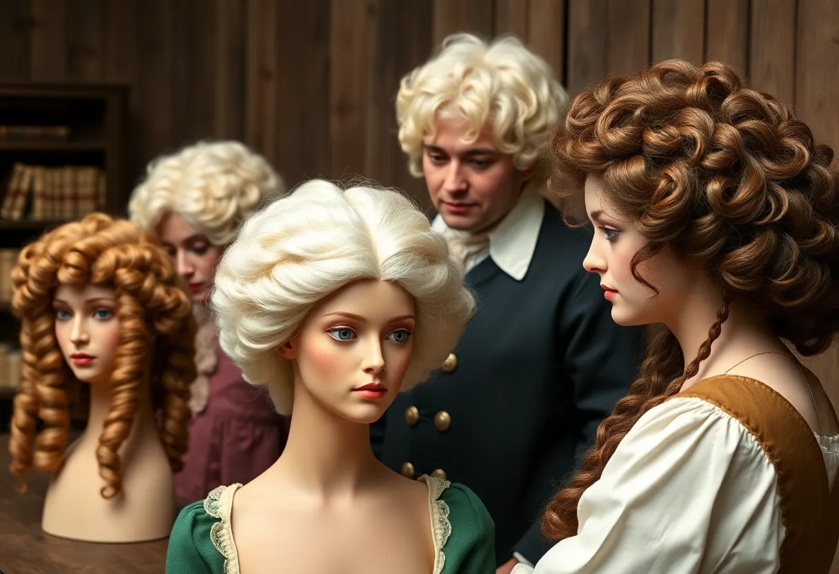 Handcrafted wigs in Colonial Williamsburg reflecting 18th-century styles.