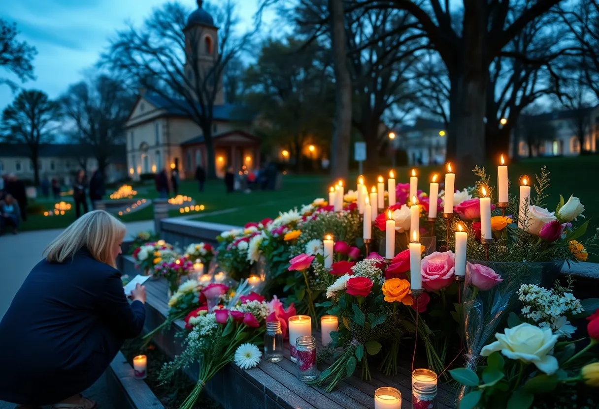 A gathering of people in a park with flowers, symbolizing a community coming together in remembrance.