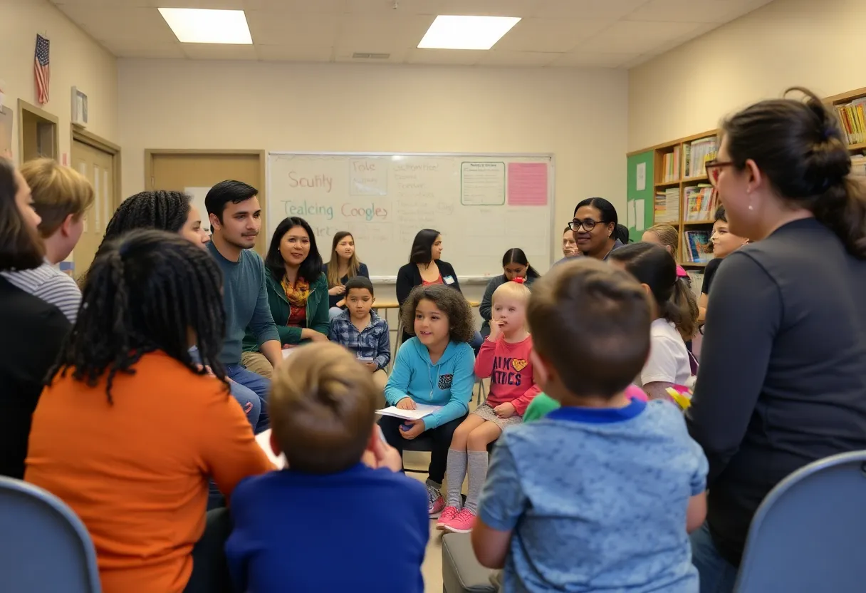 Community members discussing education at a school board election event.