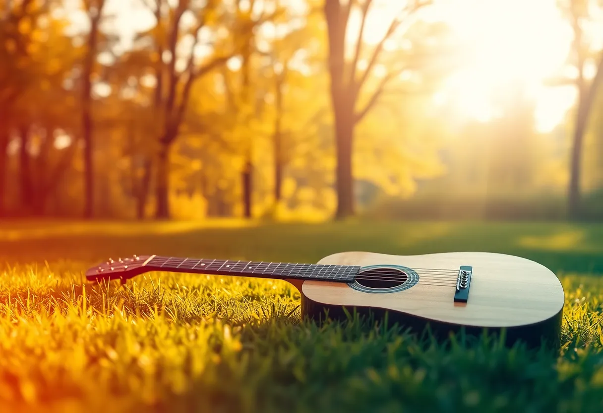 A guitar resting in a picturesque landscape, symbolizing musical legacy