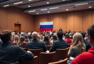 Audience engaged in a political lecture about propaganda