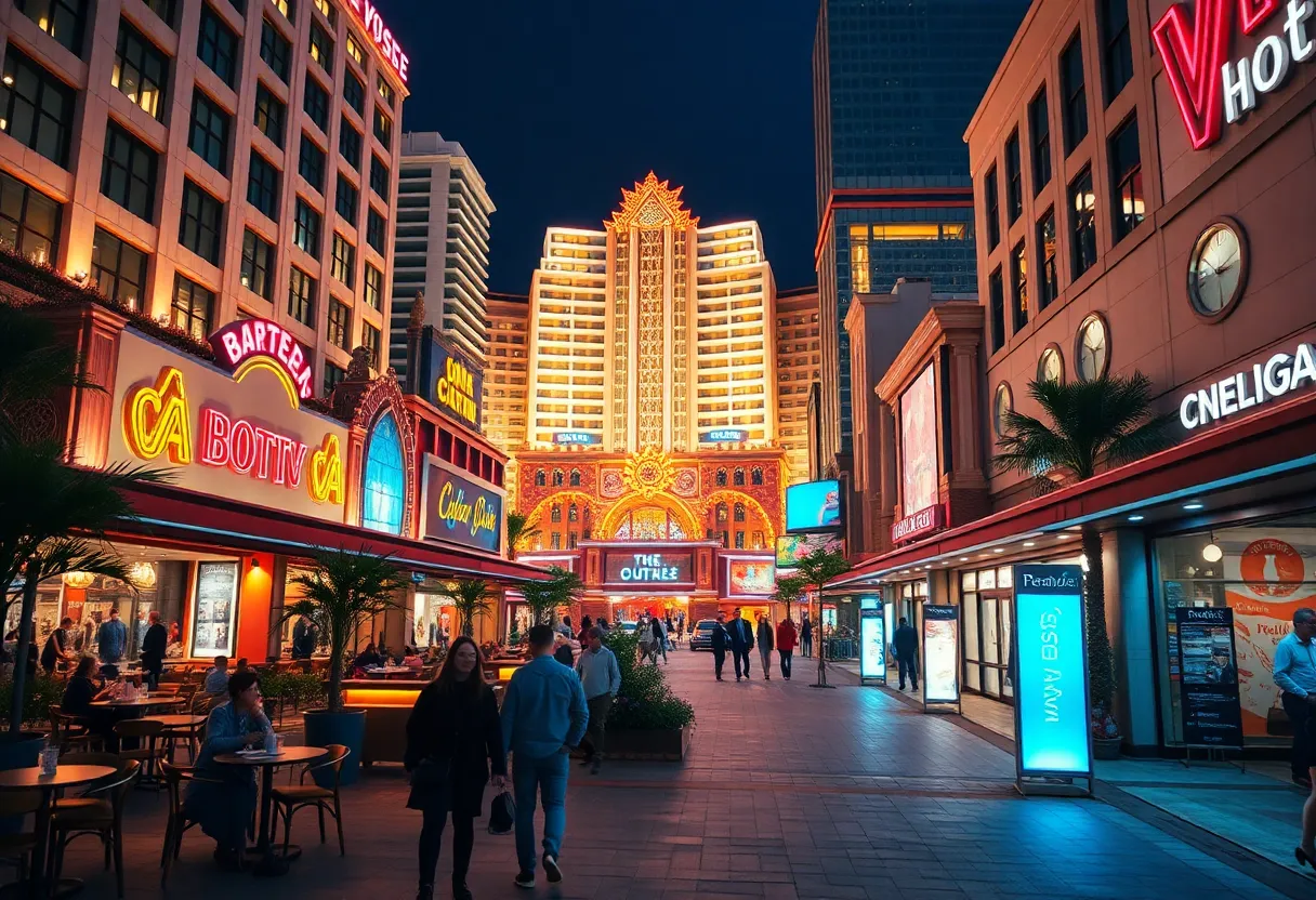 Rendering of a proposed entertainment district in Fairfax County, showcasing various amenities and buildings.