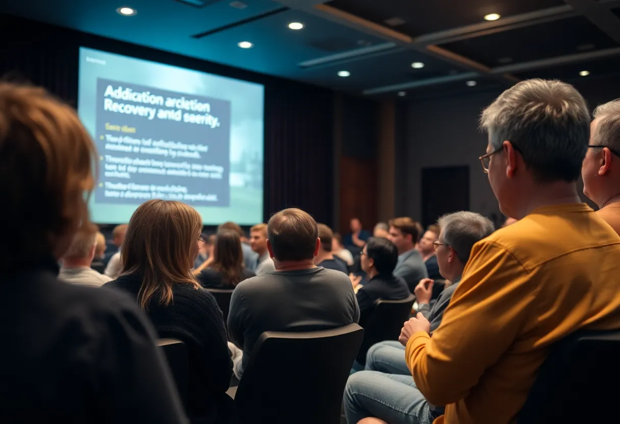 People discussing after a film screening about substance use recovery