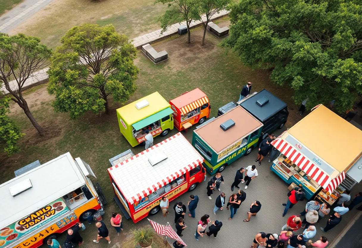 A line of vibrant food trucks at Victory Landing Park with people enjoying the food and atmosphere