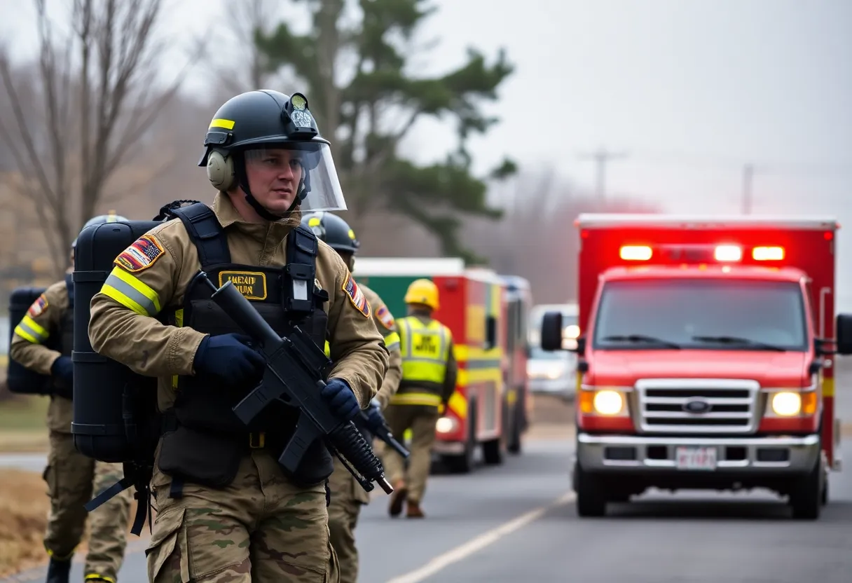 Military personnel conducting an emergency response drill at Fort Eustis