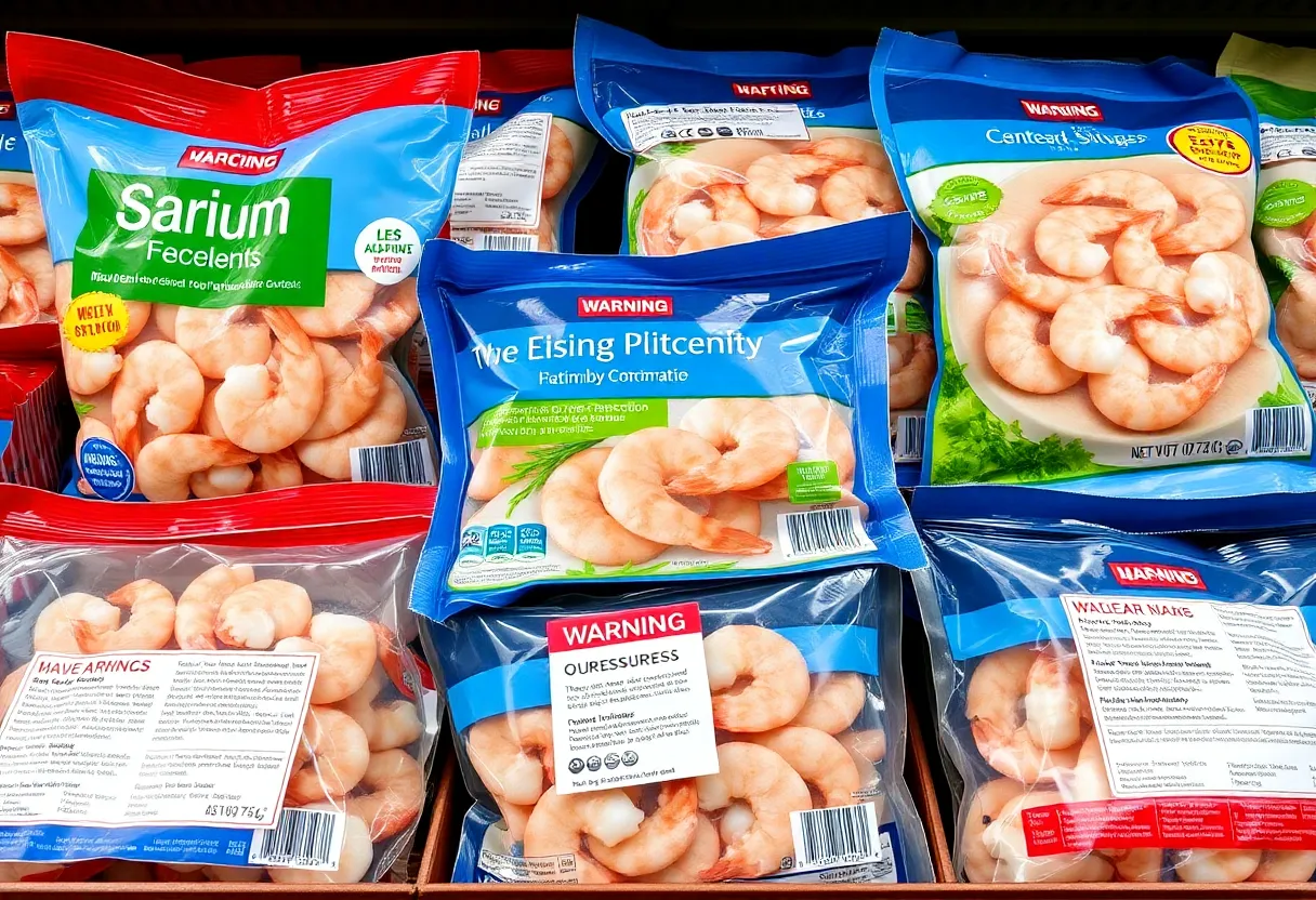 Frozen shrimp packages with contamination warning