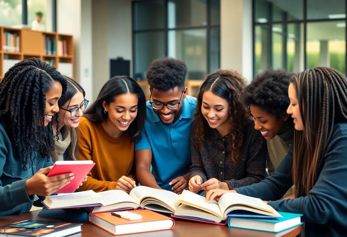 Diverse university students engaged in collaborative work.