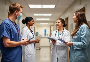 Group of medical students and professionals in a West Virginia healthcare setting.