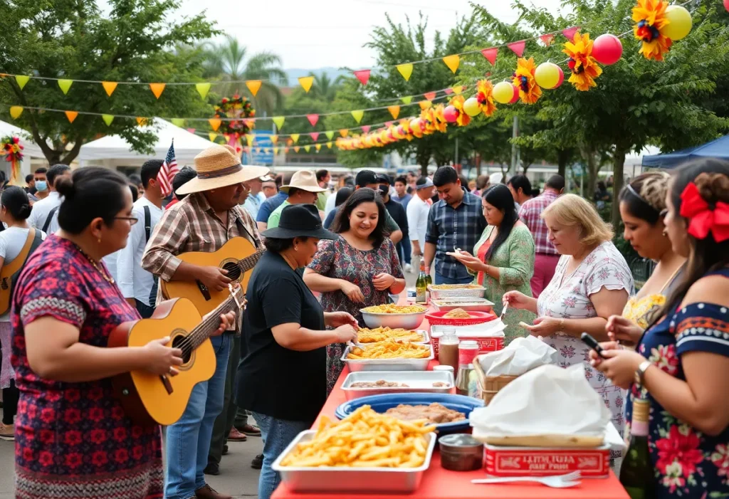 Community members gathering at a Hispanic Heritage Month celebration with cultural foods.