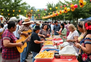 Community members gathering at a Hispanic Heritage Month celebration with cultural foods.