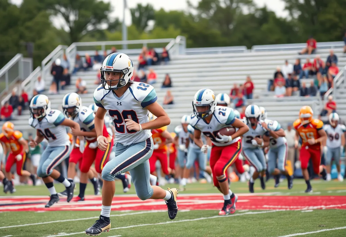 High school football players competing during a game in Iowa.