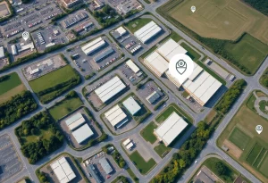 Aerial view of industrial area with zoning changes related to data centers.