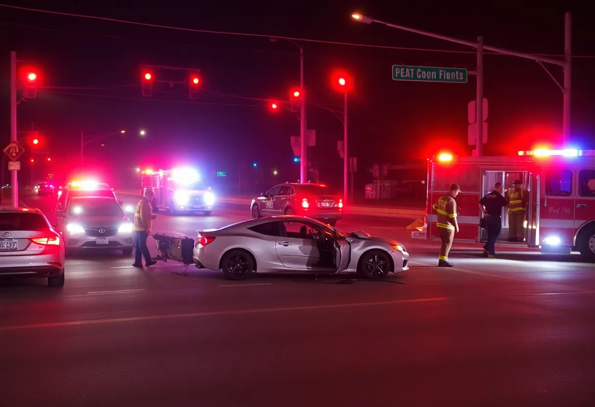 Emergency responders extinguishing fire at a multi-vehicle crash scene