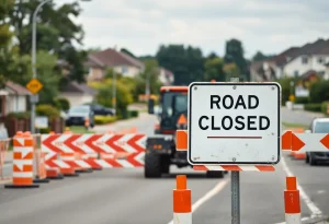 Construction area showing road closure sign in James City County