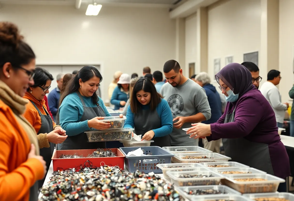 Volunteers from James City Lions Club sorting eyeglasses and preparing meals