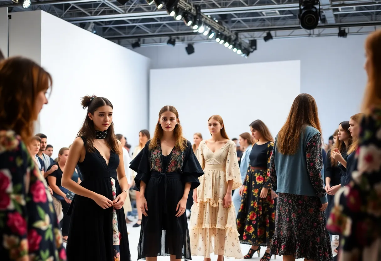 Young designers showcasing unique handmade fashion pieces at a lively fashion show.