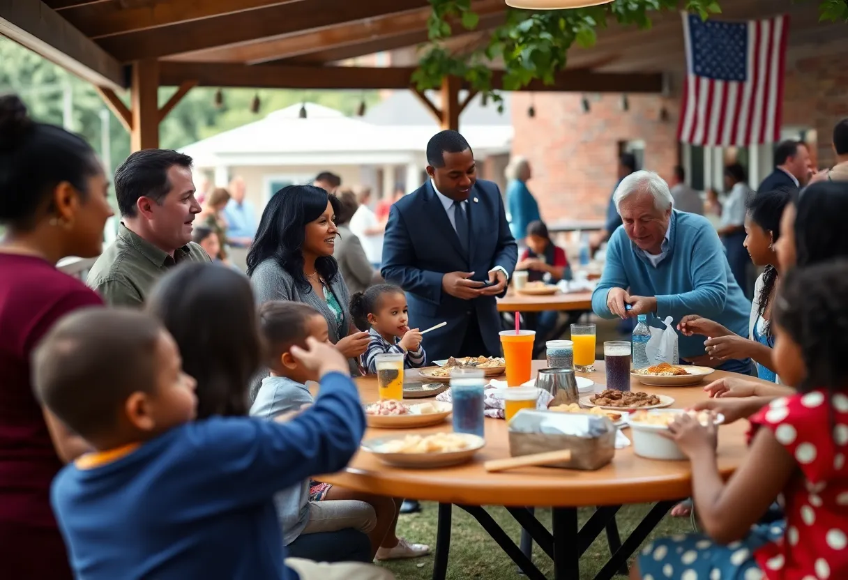 Families and politicians mingling at a Labor Day Cookout.