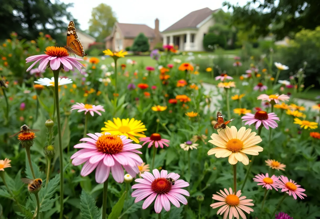 A vibrant native plant garden filled with various plants and pollinators.
