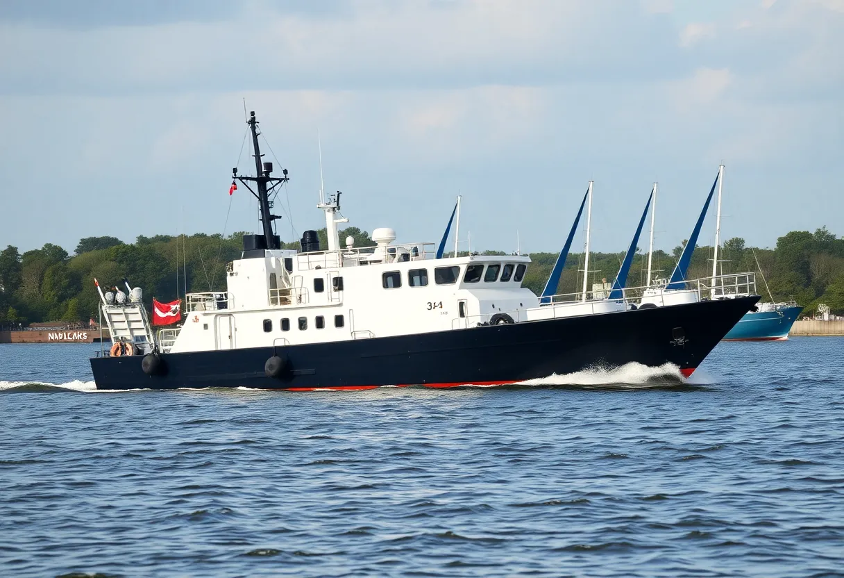 Naval training boat on the York River showcasing safety protocols