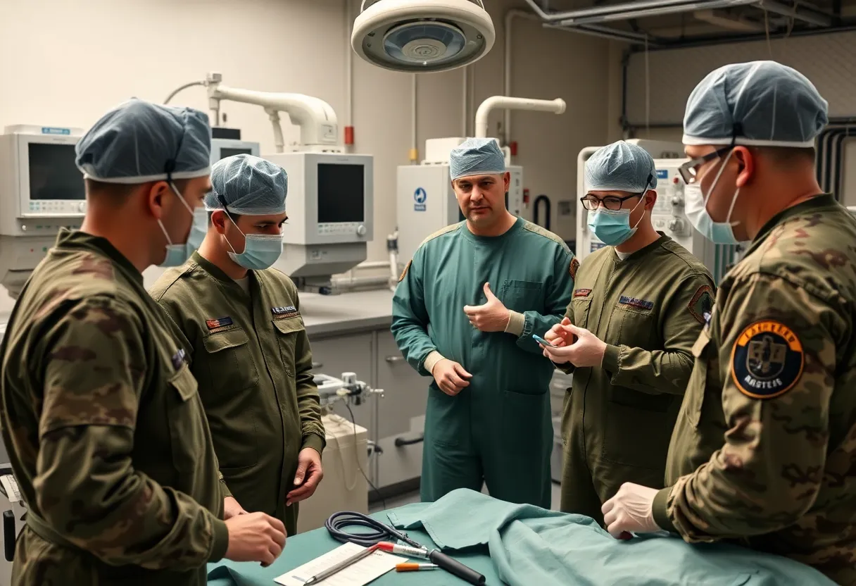 Military medical experts reviewing surgical systems at a command center.