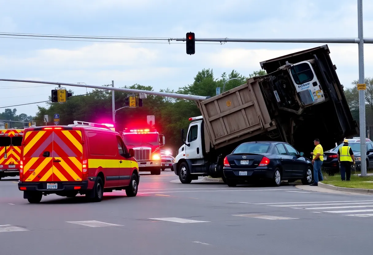 Flipped dump truck and damaged pickup truck at Newport News intersection