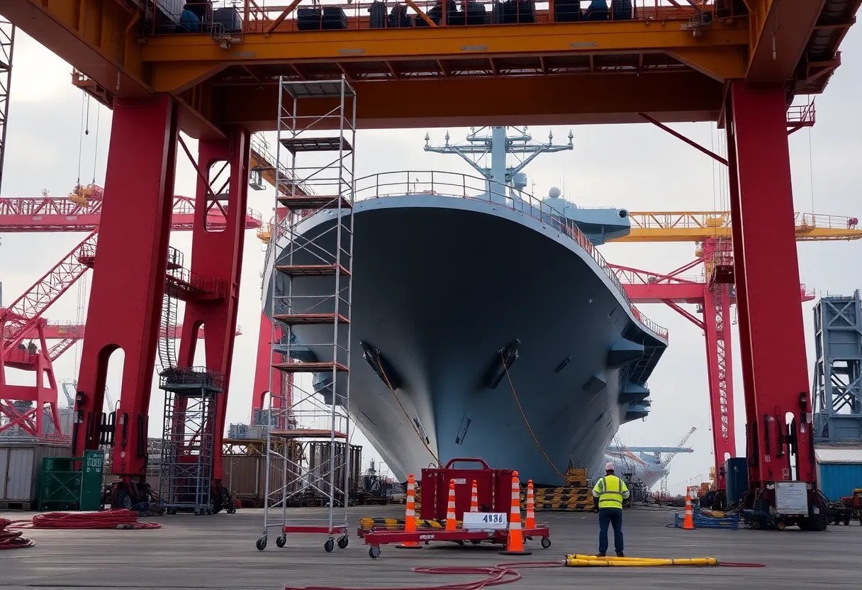 Construction site at Newport News Shipyard showing scaffolding and an aircraft carrier.