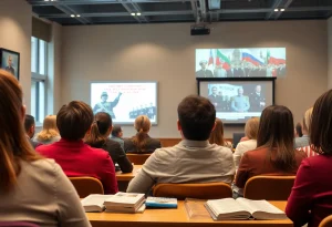 Audience attending a lecture on Russian politics