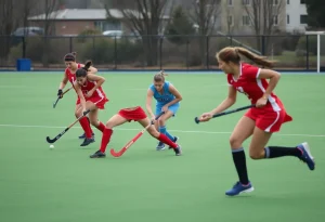 Field hockey players from Old Dominion University competing against Michigan