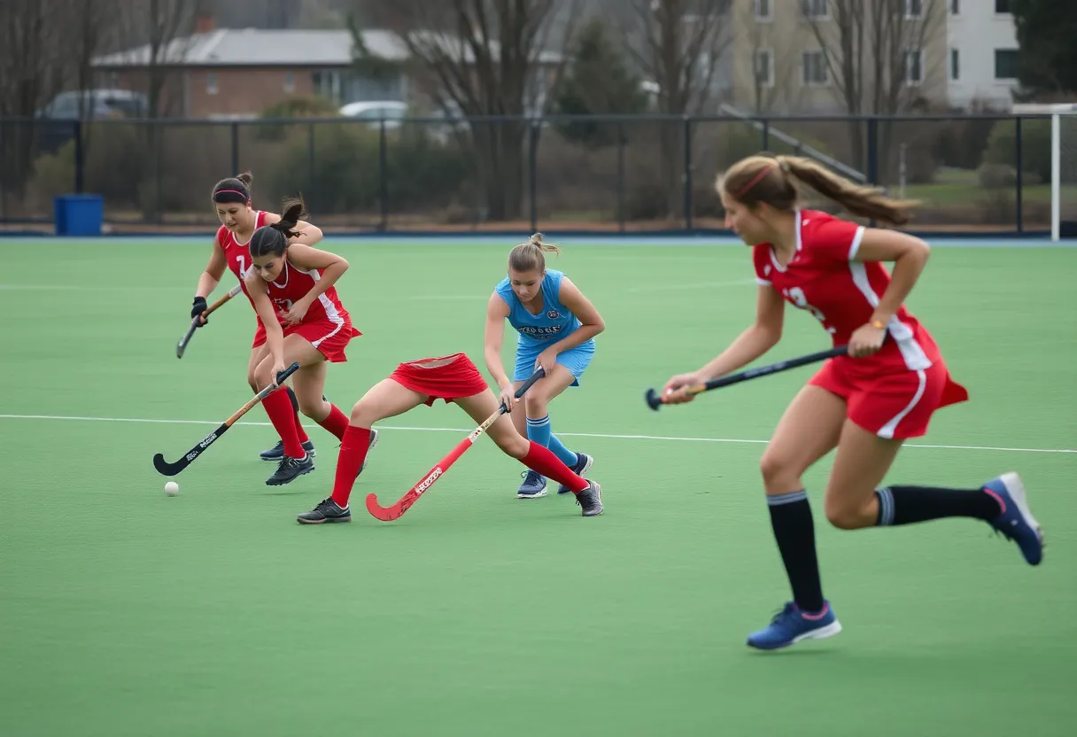 Field hockey players from Old Dominion University competing against Michigan