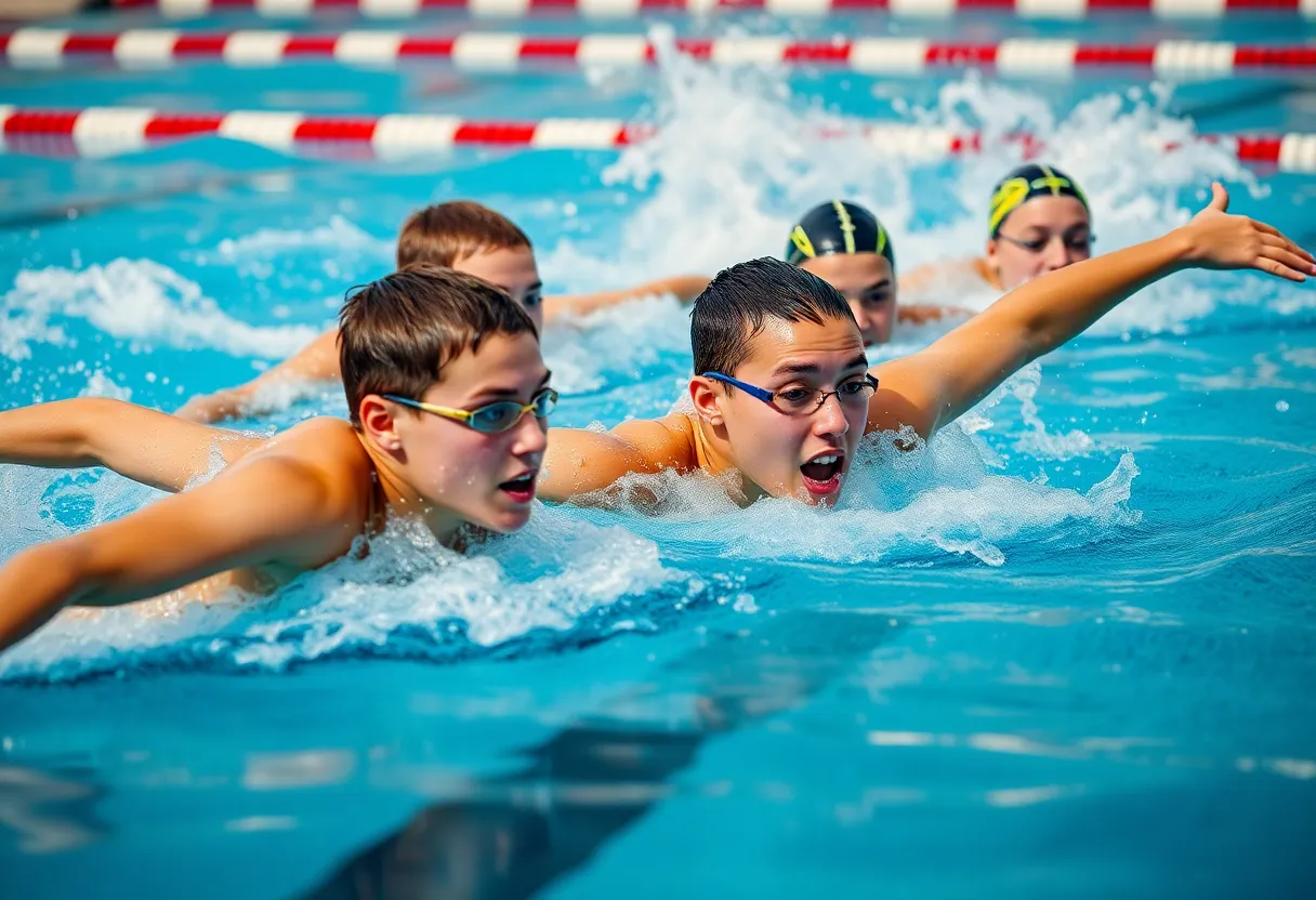 Swimmers competing in a collegiate swimming event representing ODU.