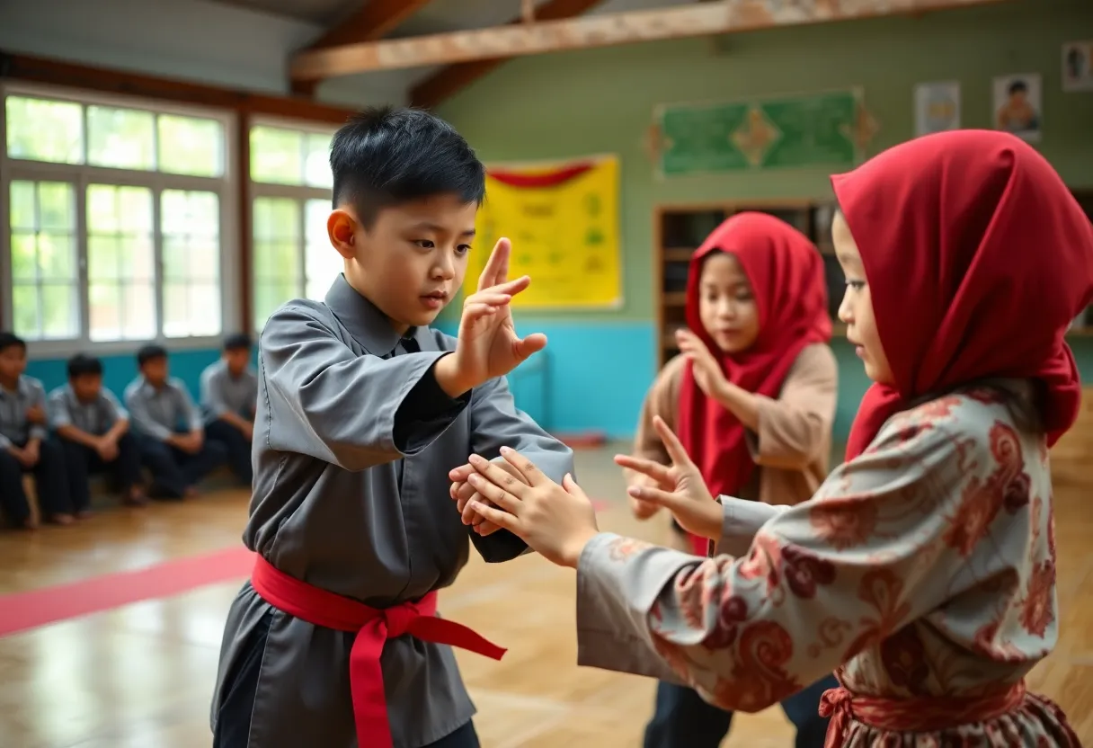 Children practicing Pencak Silat during a cultural exchange program in Indonesia