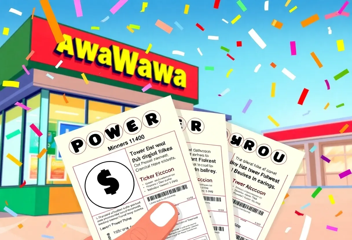 Illustration of a Powerball ticket with confetti and a Wawa store background