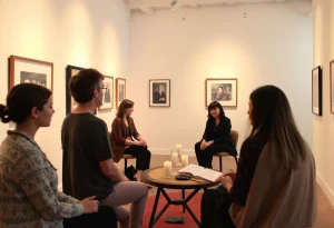 Participants attending live psychic readings in a gallery setting.