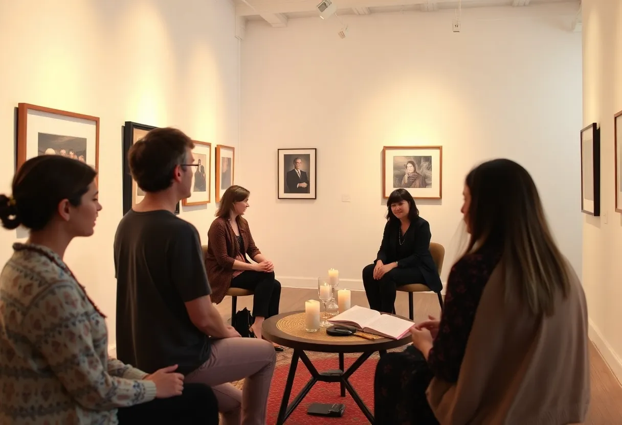 Participants attending live psychic readings in a gallery setting.