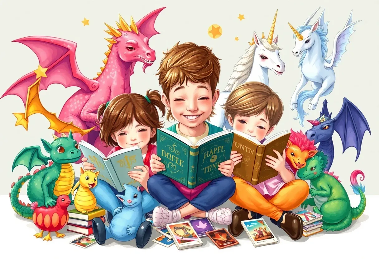 Children enjoying the Reading Dragons challenge with trading cards and books
