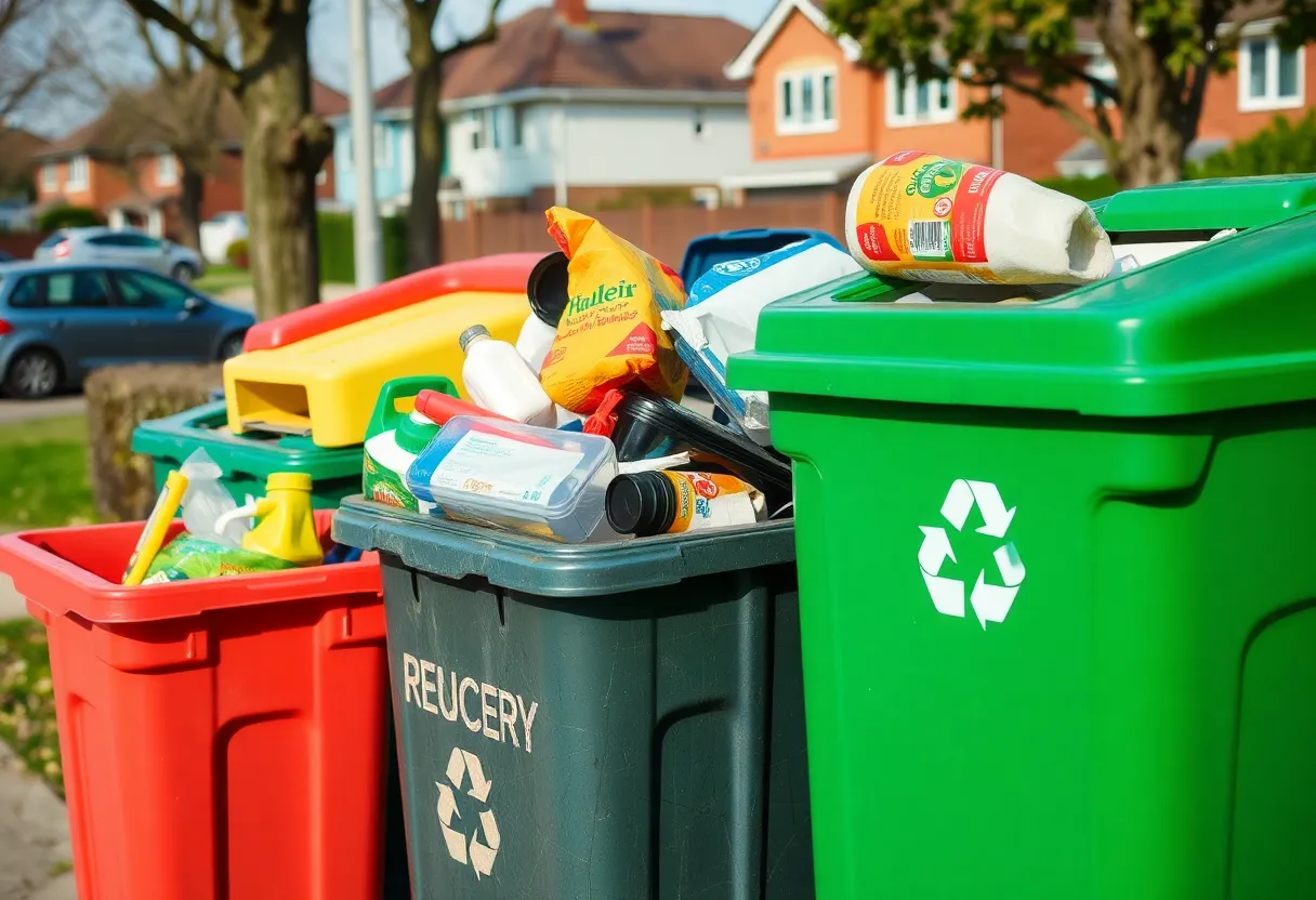 Curbside recycling bins filled with recyclable materials in a neighborhood setting
