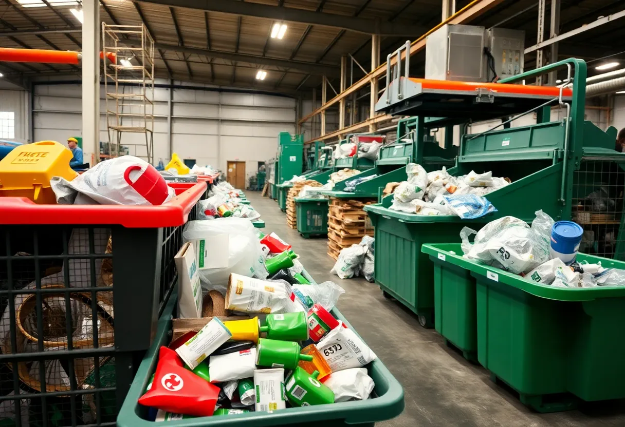 Image of a recycling facility with bins of recyclables being processed.