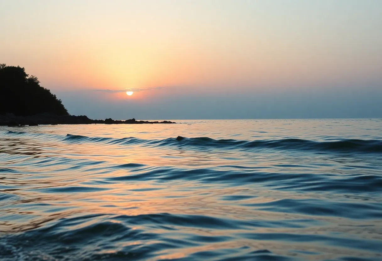A peaceful waterfront at sunset, symbolizing resilience and strength.