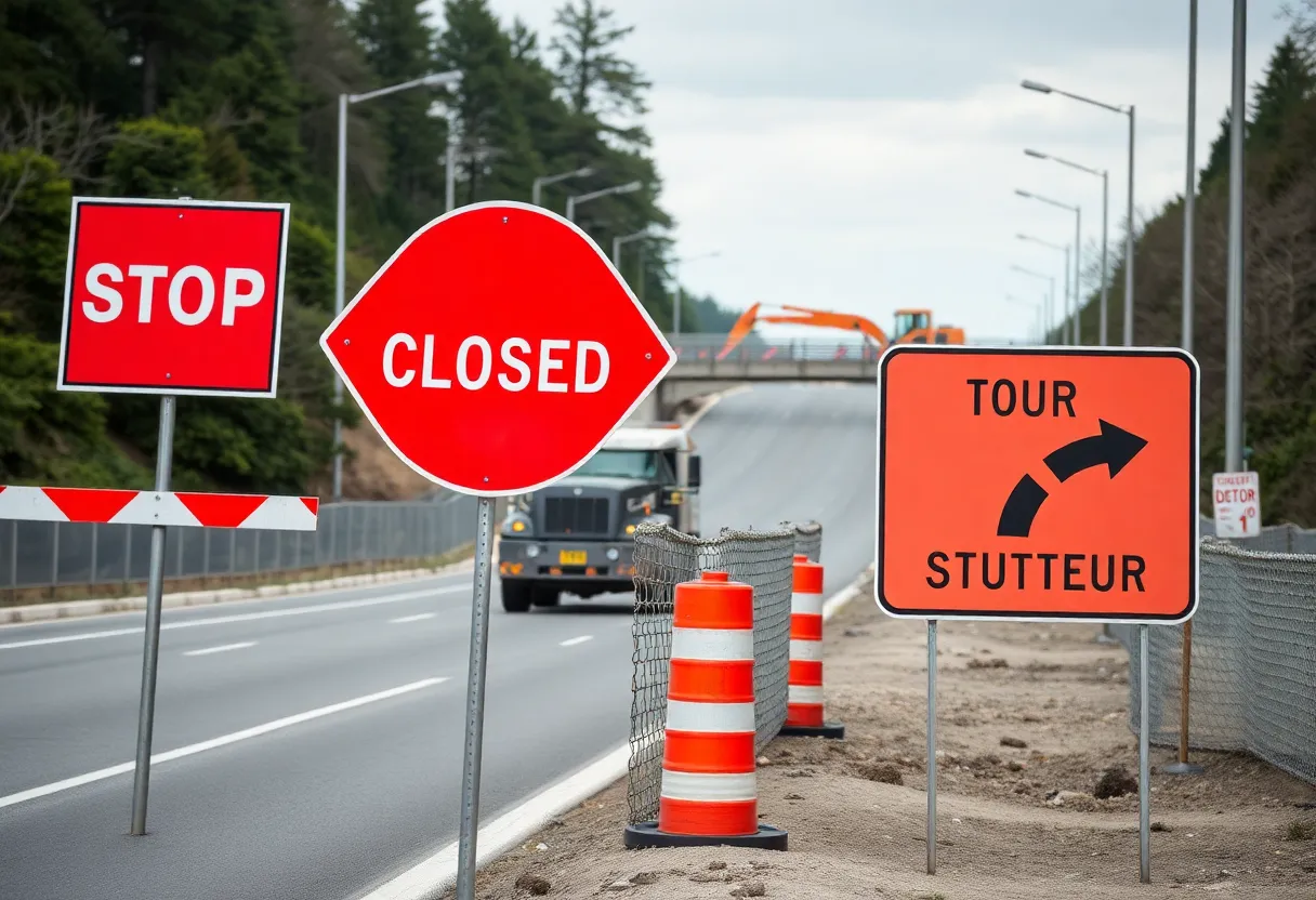 Construction scene at Six Mount Zion Road with detour signs